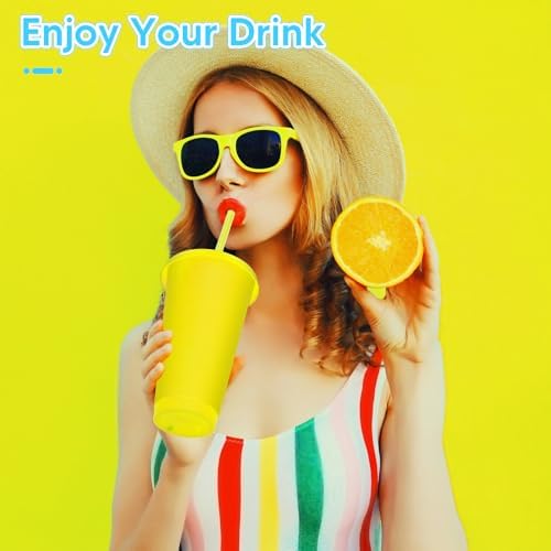 24 Pack Plastic Tumblers with Lids and Straws, Reusable Colorful Cups for Parties, Birthdays, Iced Coffee, Travel, Cold Drink Bulk Tumblers (24 oz, Yellow) - Image 4
