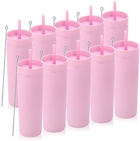 Volhoply 20oz Plastic Skinny Tumblers Bulk 10 Pack,Double Wall Tumbler with Lid and Straw,BPA Free Matte Acrylic Iced Coffee Cups with Straw,Reusable Travel Cute Mug for Party,DIY Gift(Pink, 10 Set) by LiveFully%EF%BC%8CDrinkFreely%E2%80%94KeepGoingwithVolhoply%EF%BC%81