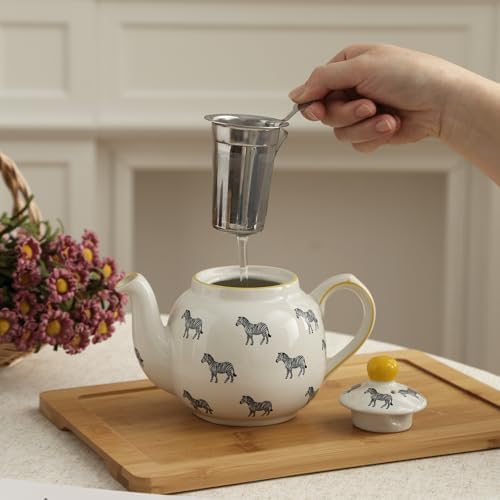 Farmhouse Animal Pattern Teapot with Infuser for Loose Leaf Tea, 20.3 Fl oz (600ml), White with Animal Illustration (Zebra) - Image 7