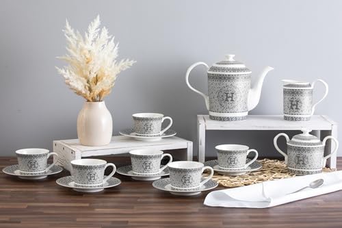 Complete Porcelain Tea Set for 6 - Silver Mosaic Design, 17 Piece - Image 5