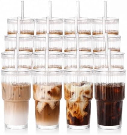16-Pack 20oz Iced Coffee Cups with Lids and Straws, Reusable Glass Coffee Tumblers Set for Iced Coffee, Smoothies, Juice & Water, Leak-Resistant Cups for Home, Office & On-the-Go Use by Unknown