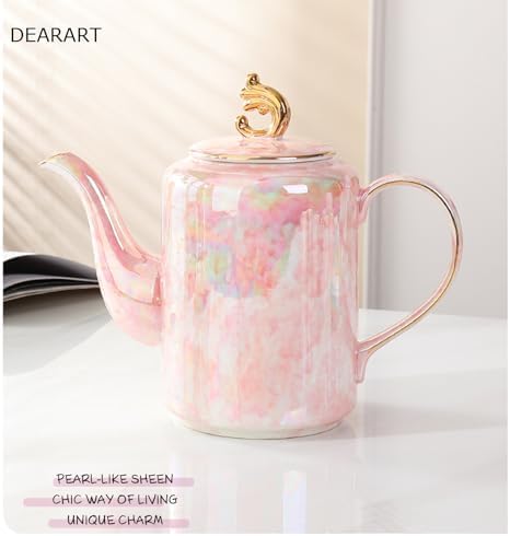 DEARART Luxury Ceramic Tea Set, 1 Teapot & 6 Cups & Serving Tray & Cup Shelf, Handle Porcelain Coffee Tea Service Set, Elegant Pink Tea Cup Set for Home Kitchen, Afternoon Tea etc - Image 5