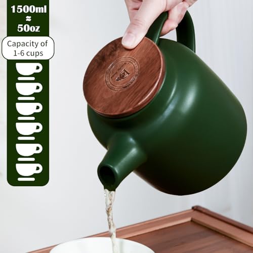 Yundu 1500ml / 50 oz Ceramic Teapot with Infuser & Wood Lid - Matte Green, Loose Leaf Tea Pot with Removable Strainer, Large Capacity - Image 2