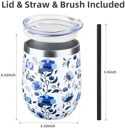 12 oz Insulated Wine Tumbler with Lid and Straw,Stainless Steel Stemless Wine Tumbler Glasses Double Wall Vacuum Wine Cups Tumbler Bulk for Coffee,Cocktail,Office (Blue and White Porcelain,8) - Image 5