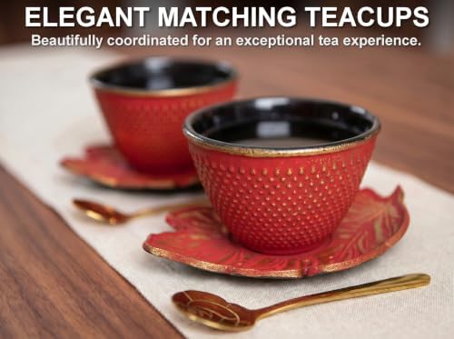 Red Koi Cast Iron Tea Set, 2 Cups, 2 Saucers, Infuser & Matching Trivet - Image 5