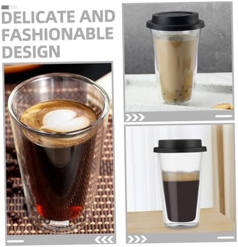 Happyyami Black Glass Coffee Mug with Silicone Lid 350ml Double Wall - Image 2