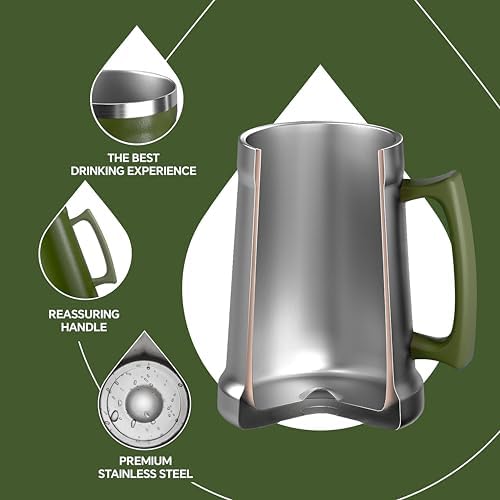 Ideus Insulated Beer Stein, 24/34oz Stainless Steel Double Walled Beer Mug Giant Bar Drinkware Metal Beer Cup with Big Grip Handle (Olive Green, 34oz (1,000ml)) - Image 3