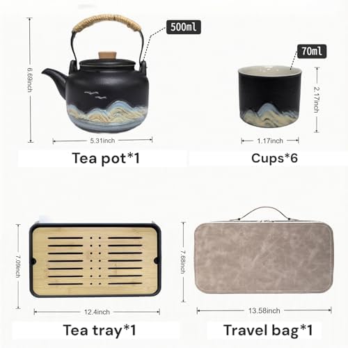 Chinese Tea Set – Black Porcelain Gongfu Teapot with 6 Cups & Tea Tray, Travel Tea Set with Carrying Case for Tea Ceremony, Daily Tea Ritual, Asian Style Gift - Image 2