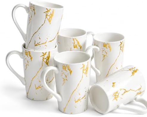 White Gold Marble Coffee Mugs Set of 6, 12 oz Porcelain by Loymokinar