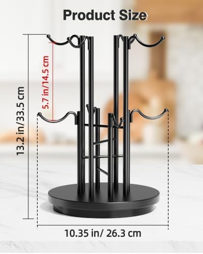 8-Hook 360° Rotating Large Coffee Mug Tree for Counter, Wood Base, Black - Image 5