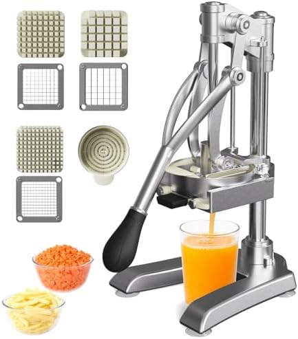 2-in-1 Commercial Manual Juicer & French Fry Cutter, Heavy Duty Cast Aluminum Citrus Press and Vegetable Chopper with 1/4", 3/8" & 1/2" Stainless Steel Blades for Potato, Orange & Lemon by BotaBay