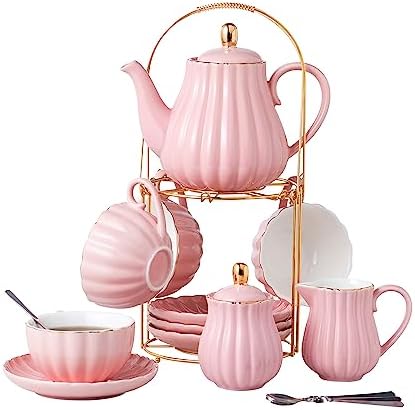 CLAY TONIC- 8 OZ Fine China Pink Coffee Cup/Teacup and Saucer Set by CLAY+TONIC