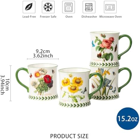 Pastoral Coffee Mug Set of 4-15.2 Oz Large Capacity Porcelain In-Glaze Cups for Tea, Latte, Cocoa - Dishwasher & Microwave Safe, Great Housewarming Gift-Assorted Colors - Image 2