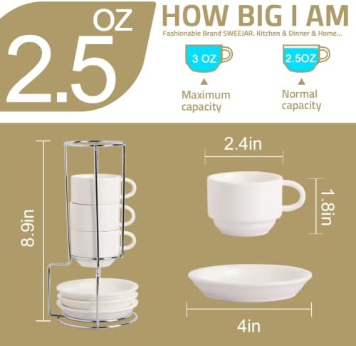 Sweejar Porcelain Espresso Cups with Saucers, 2.5 Ounce Stackable Cappuccino Cups with Metal Stand for Coffee Drinks, Latte, Tea - Set of 4 (White) - Image 3