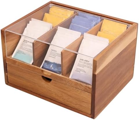 HTB Acacia Wood Tea Organizer 2 Tier with Drawer,Large Capacity by HTB