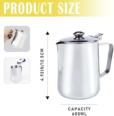 DOERDO Milk Pitcher 600ml Stainless Steel Coffee Cup Mug Milk Frothing Pitcher Jug with Handle for Office Kitchen - Image 2