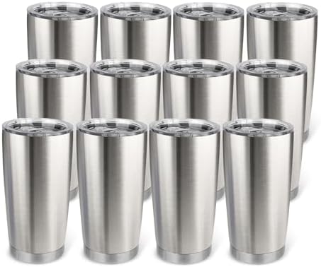 20oz Stainless Steel Tumbler Bulk with Lid, Travel Mug - Double Wall Vacuum Powder Coated Cup - Stainless steel, 12 Pack by Unknown