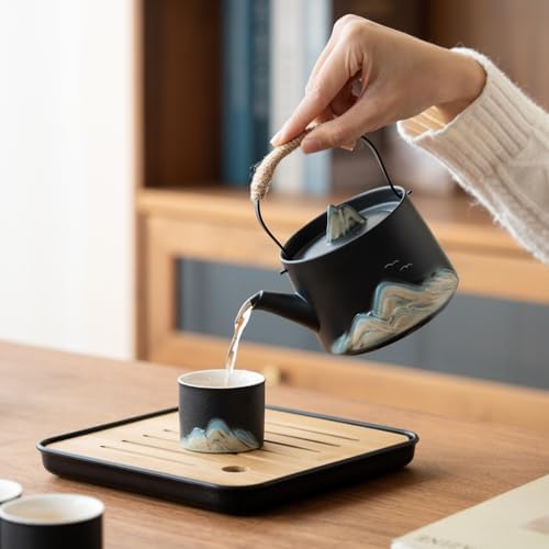 Chinese Tea Set – Black Porcelain Gongfu Teapot with 4 Black Cups & Tea Tray & Tea Strainer, Travel Tea Set with Carrying Case for Tea Ceremony, Daily Tea Ritual, Asian Style Gift - Image 6