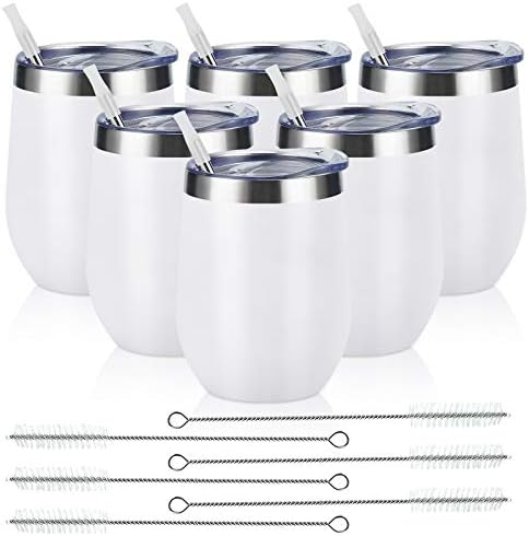 6 Pack Stainless Steel Wine Tumblers, 12Oz Insulated Wine Tumbler, Double Wall Insulated Wine Glass, Stainless Steel Stemless Wine Cups with Lids for Coffee, Wine, Cocktails, Champaign, White by Lifecapido
