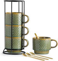 LYEOBOH Coffee Mug, Coffee Mugs Set of 4, Stackable Coffee Mugs with Rack and Spoons - 13 Oz Cup Set with Stand, Ceramic Mugs for Home & Kitchen, Blue and Green by LYEOBOH