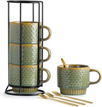 LYEOBOH Coffee Mug, Coffee Mugs Set of 4, Stackable Coffee Mugs with Rack and Spoons - 13 Oz Cup Set with Stand, Ceramic Mugs for Home & Kitchen, Blue and Green by LYEOBOH
