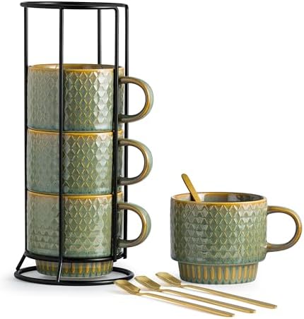 LYEOBOH Coffee Mug, Coffee Mugs Set of 4, Stackable Coffee Mugs with Rack and Spoons - 13 Oz Cup Set with Stand, Ceramic Mugs for Home & Kitchen, Blue and Green by LYEOBOH