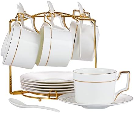 6 OZ Bone China Cappuccino Cups with Saucers Set of 6 & Gold Metal Rack by CHILDIKE