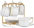 6 OZ Bone China Cappuccino Cups with Saucers Set of 6 & Gold Metal Rack by CHILDIKE