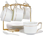 6 OZ Bone China Cappuccino Cups with Saucers Set of 6 & Gold Metal Rack by CHILDIKE