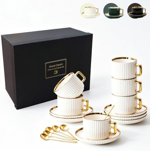 8 oz Ceramic Coffee Cups Set of 6 with Saucers, Gift Box by MirenelChaoArt
