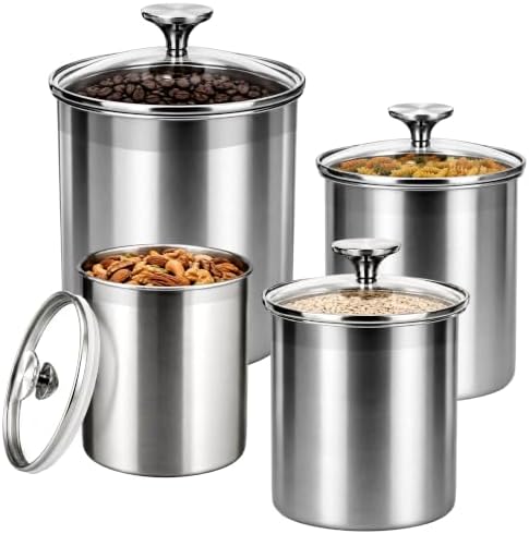 4-Pcs Stainless Steel Airtight Kitchen Canister Set with Glass Lid by Unknown