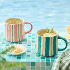 Hand-Painted Ceramic Coffee Mugs Set of 4 – 16oz Large Capacity Artistic Tea Cups with Checkerboard & Striped Patterns, Microwave & Dishwasher Safe for Home, Office, Kitchen (Summer Vibes Collection) - Image 6