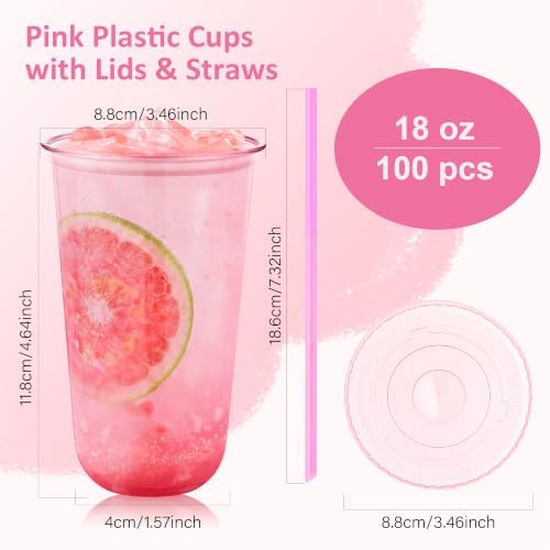 tchrules 100 Set 18oz Pink Plastic Disposable Cups with Lids and Straws - Image 2