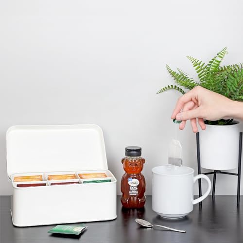 AuldHome Design Farmhouse Tea Bag Box (White), Vintage Retro Style Enamelware Tea Storage Tin - Image 5