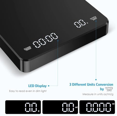 3kg/0.1g Precision Coffee Scale with Positive & Negative Timer, Rechargeable Digital Kitchen for Espresso Brewing, Matte Black, Compatible with Pour Over Drip Coffee Making - Image 4