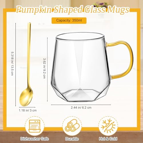 Layhit 6 Sets Glass Coffee Mugs with Handle Spoon 12 oz Clear Coffee Mugs Diamond Shaped Tea Cups Glasses for Milk, Latte, Cappuccino, Espresso, Cold or Hot Drinks - Image 2