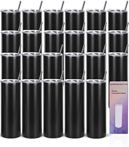 24 Pack 20 Oz Straight Skinny Tumblers,Individually Gift Boxed Stainless Steel Slim Skinny Tumbler Set Bulk, 20 Oz Insulated Slim Thin Travel Tumbler Cup for Diy, Black by Wzaytia