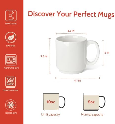 Sweese 10 Oz Stackable White Coffee Mug, Porcelain Coffee Mugs Sets of 6, Coffee Cups with Handle for Specialty Coffee Drinks, Cappuccino, Cafe Mocha, Latte and Tea, White - Image 2