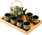 Traditional Japanese tea set, Kiln altered glaze Porcelain tea set with 1 Teapot, 6 Tea cups, 1 Tea Tray,Japanese teapot set, Asian tea sets (Kiln altered-Green) by REOWONU