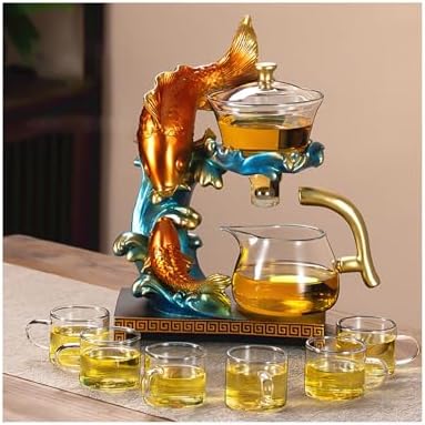 YUDIZWS Lazy Kungfu Drip Teapot,Heat Resistant Tea Set,Sturdy High Borosilicate Glass Teapot,Magnetic Water Diversion Semi-Automatic Teapot Set Magic Tea Set of Holiday Gifts,B fish tea set by YUDIZWS