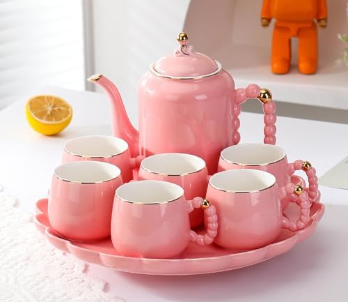 Pink,B, Coffee Cup Set,Pearl White Porcelain Tea Sets, Pearl Handle Design Tea Cup Set, with Teapot Teacups Tea Plate, Tea Set for Tea/Coffee by TOERVIOZ