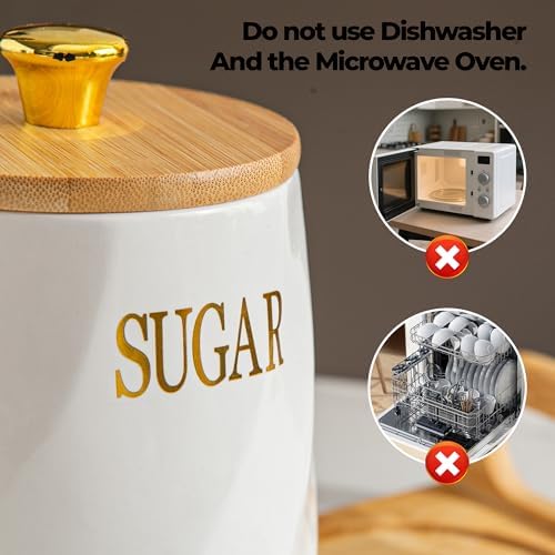 Ceramic Canister Set of 3 for Sugar Coffee Tea with Tray, White Airtight Food Storage Jars with Wood Lids, Kitchen Counter Storage Containers - 23oz - Image 6