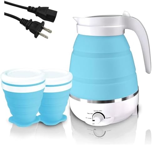 Qivine 600ML Travel Foldable Electric Kettle, Silicone Collapsible Travel Kettle, Foldable Electric Travels Tea Kettles with 2 Cups Separable Power Cord for Fast Water Boiling Coffee (Blue) by Qivine