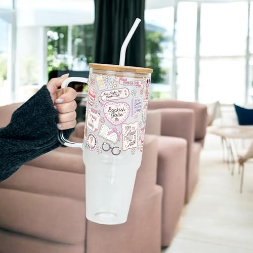 Sip-Sip Hooray! Bookish Girlie 40oz Glass Tumbler with Lid and Straw - Image 3