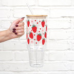 Sip-Sip Hooray! Strawberry Floral 40oz Glass Tumbler with Handle, Lid and Straw, Cute Summer Iced Coffee Cup, Gift for Women, Berry Flower Aesthetic - Image 2