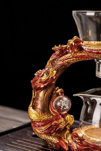 Glass Teapot Set with Infuser Semi Automatic Dragon Tea Set (Red golden teapot) - Image 5