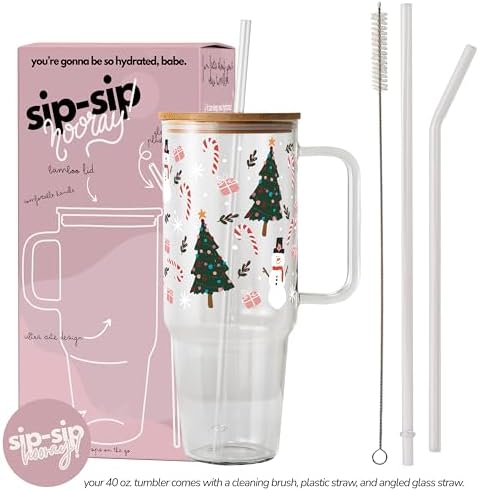 Christmas Sketch Doodle 40oz Glass Tumbler with Lid and Straw - Image 4