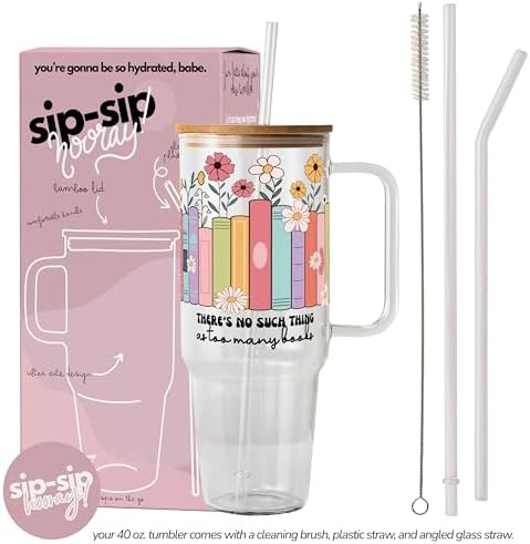 Sip-Sip Hooray! Too Many Books 40oz Glass Tumbler with Lid and Straw - Image 4