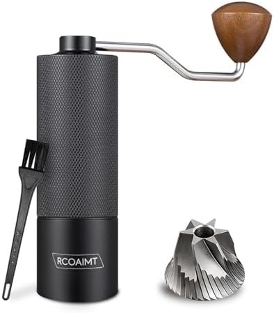 Manual Coffee Grinder, Burr Coffee Bean Grinder with CNC Stainless Steel Burr, Aluminum Alloy Body, Magnetic Wooden Handle, Adjustable Hand Coffee Grinder for Espresso, Pour Over, French Press by RCOAIMT