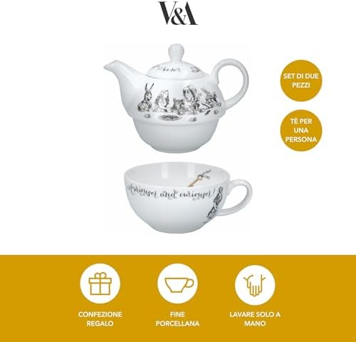 V&A Alice in Wonderland Teapot and Cup Set For 1 in Gift Box, Fine China Tea Set, White, 250 ml - Image 2